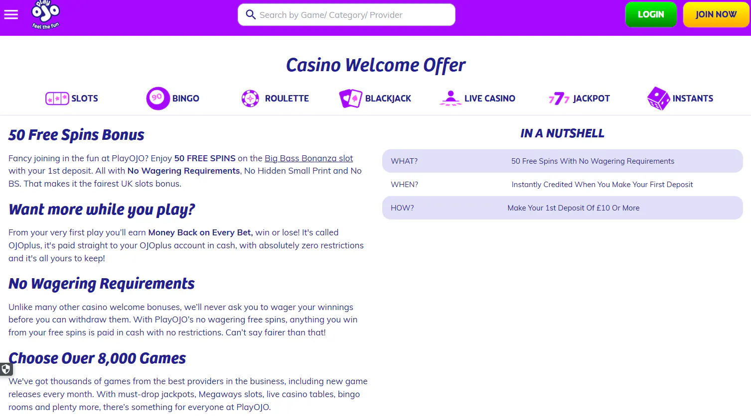 Current PlayOJO UK welcome offer or homepage interface