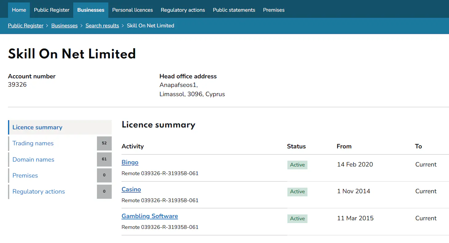 UK Gambling Commission public register entry for Skill On Net Limited and its remote casino licence