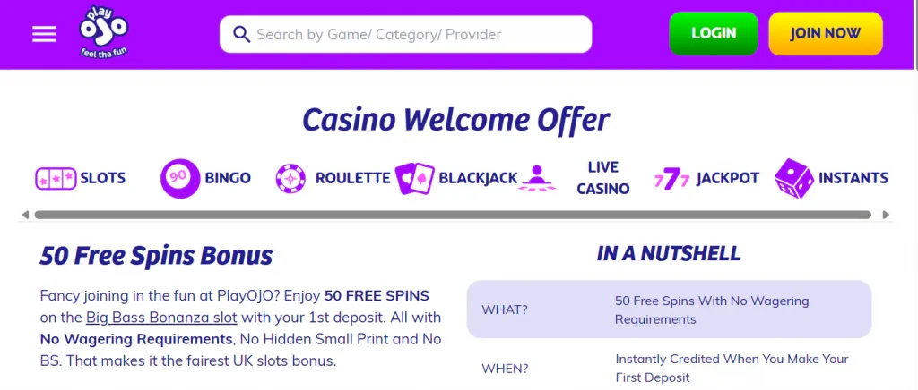 Current PlayOJO 50 free spins welcome offer page