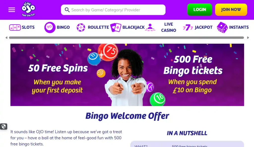Current PlayOJO bingo lobby or welcome offer page