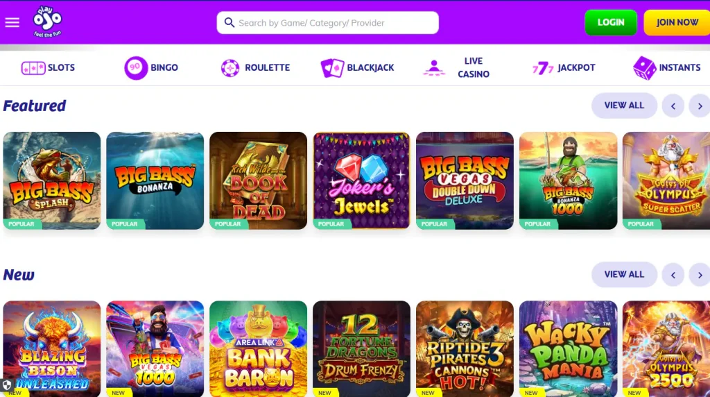 Current PlayOJO game lobby and software provider selection
