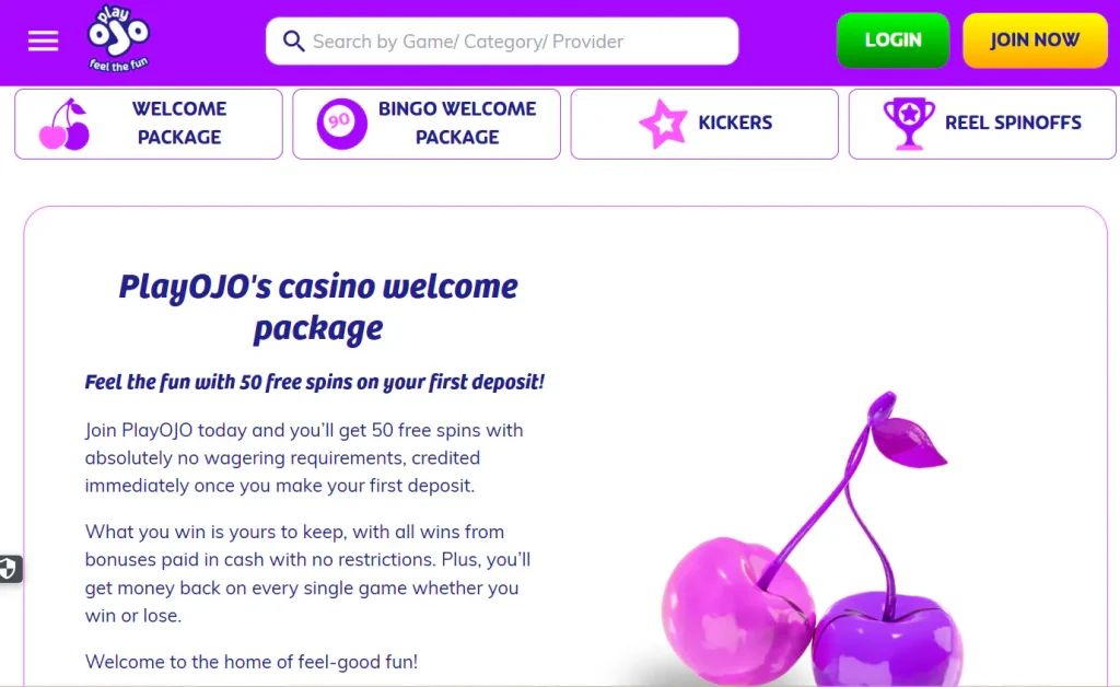 Current PlayOJO Kickers and casino promotions area