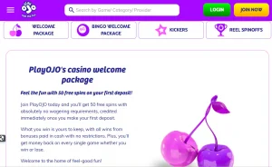 Current PlayOJO Kickers and casino promotions area