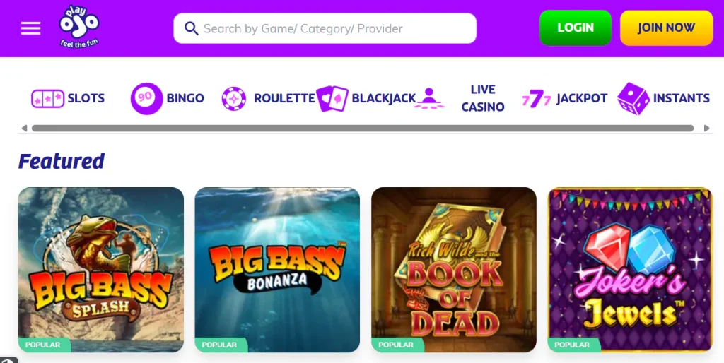 Current PlayOJO live casino lobby with real live dealer tables