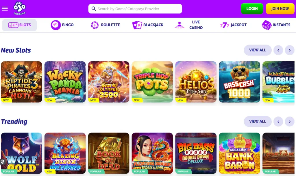 Current PlayOJO slots lobby showing real slot categories and providers