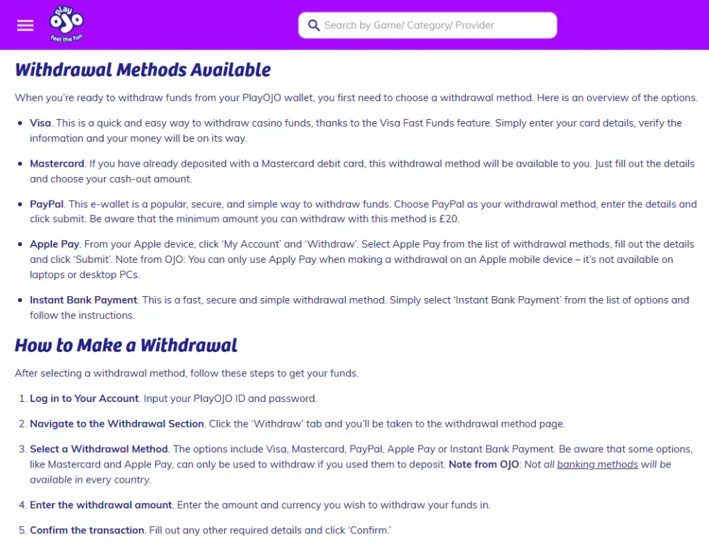 Current PlayOJO withdrawal guide or cashier withdrawal screen