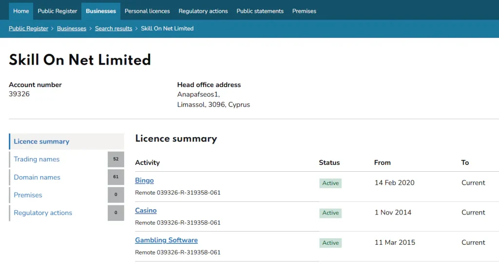 UK Gambling Commission register entry for Skill On Net Limited