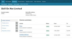 UK Gambling Commission register entry for Skill On Net Limited